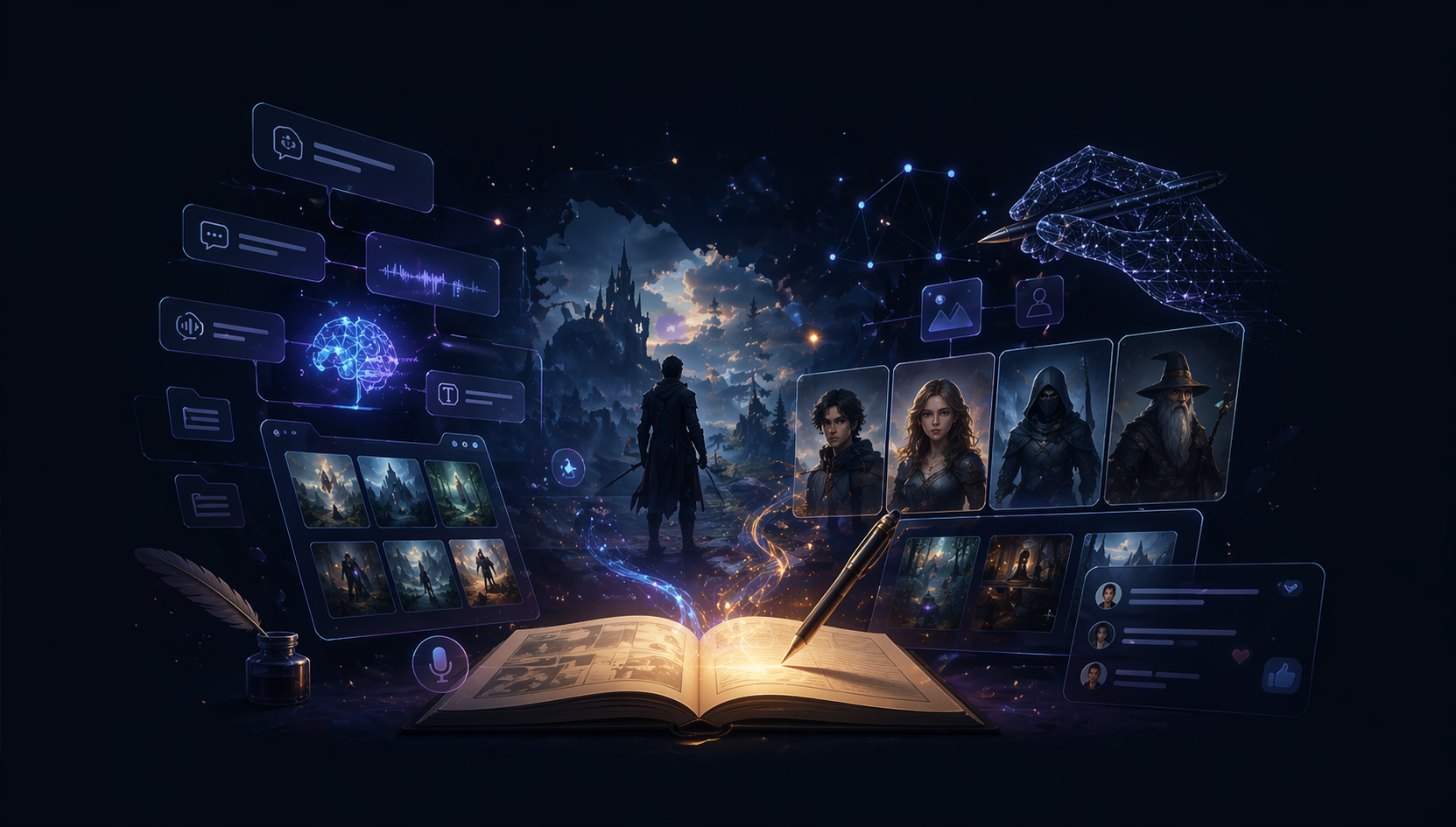 MobilGameMarket designer workspace — book, character frames, AI panels, and community feedback